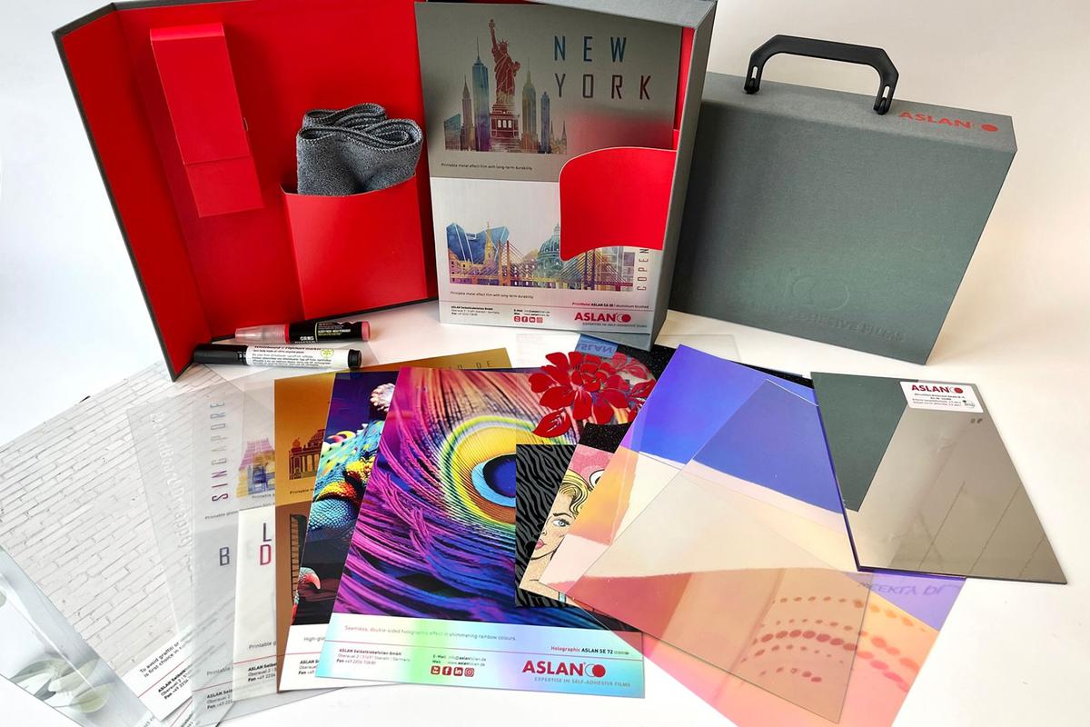 Foto1: ASLAN Boardbox – Präsentationsbox mit über 30 hochwertigen Selbstklebefolien und Zubehör